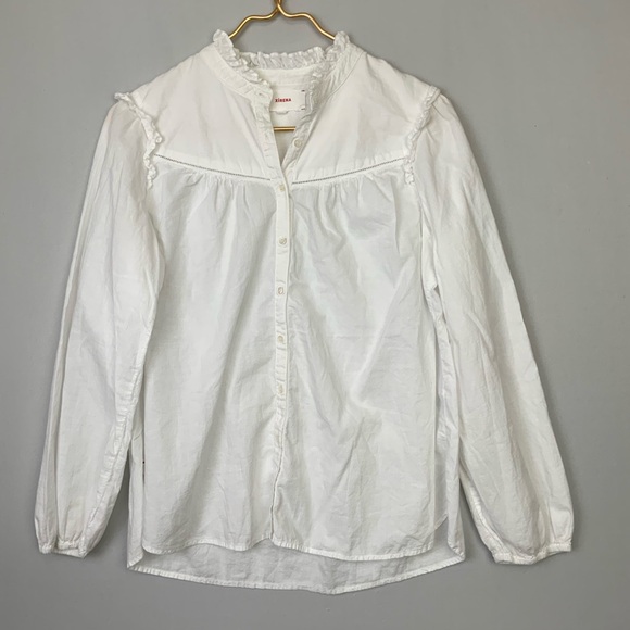 XiRENA Tops - Xirena Sz XS Rye White Cotton Poplin Button Up Ruffle Blouse Top Cottagecore